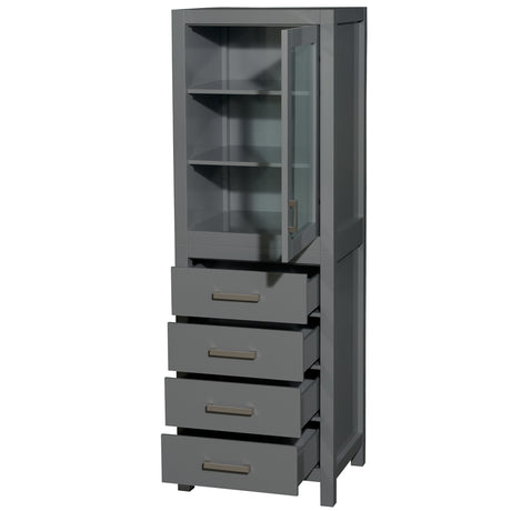 Sheffield 24 Inch Linen Tower in Dark Gray with Shelved Cabinet Storage and 4 Drawers