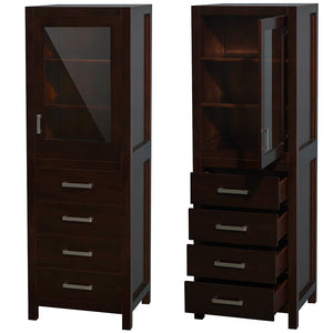Sheffield 24 Inch Linen Tower in Espresso with Shelved Cabinet Storage and 4 Drawers