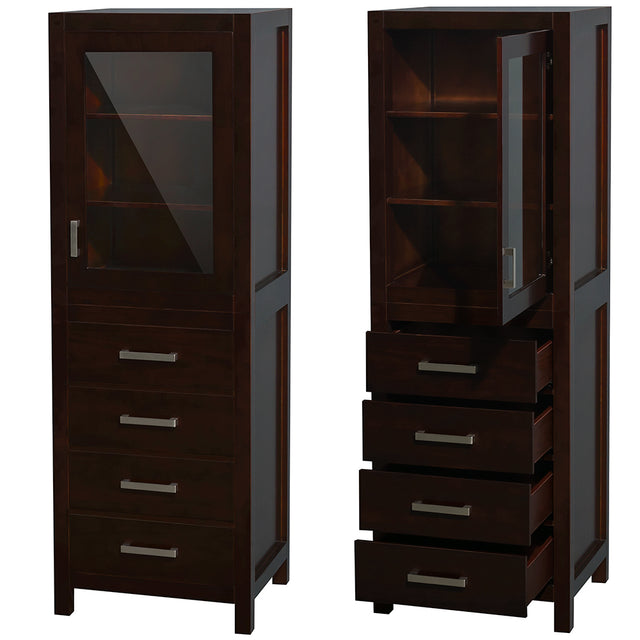 Sheffield 24 Inch Linen Tower in Espresso with Shelved Cabinet Storage and 4 Drawers