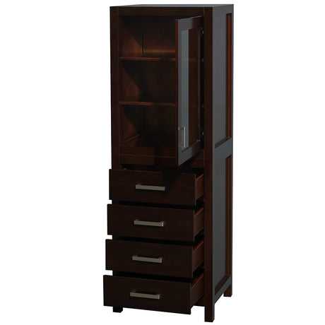 Sheffield 24 Inch Linen Tower in Espresso with Shelved Cabinet Storage and 4 Drawers