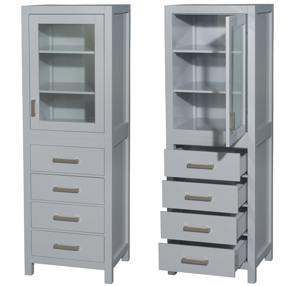 Sheffield 24 Inch Linen Tower in Gray with Shelved Cabinet Storage and 4 Drawers