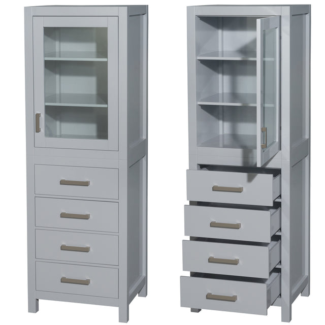 Sheffield 24 Inch Linen Tower in Gray with Shelved Cabinet Storage and 4 Drawers