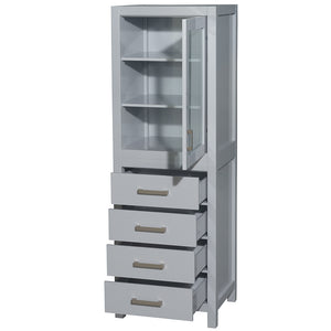 Sheffield 24 Inch Linen Tower in Gray with Shelved Cabinet Storage and 4 Drawers