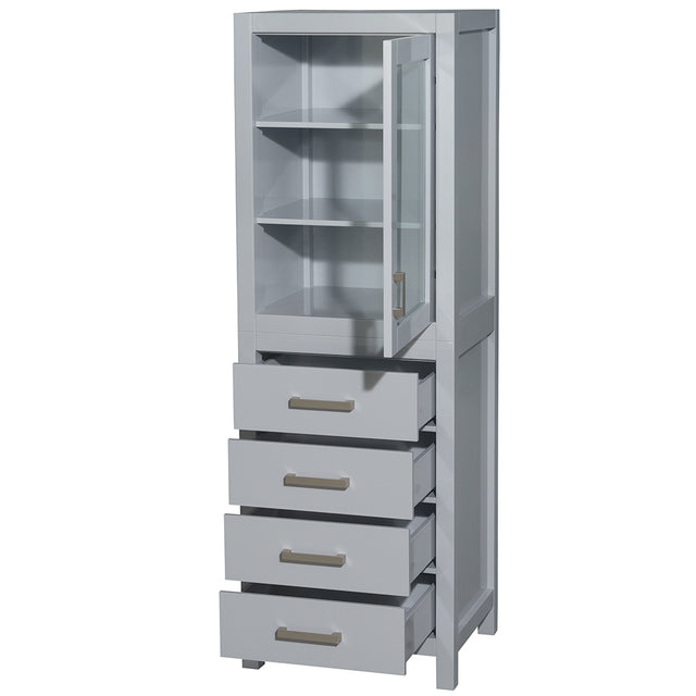 Sheffield 24 Inch Linen Tower in Gray with Shelved Cabinet Storage and 4 Drawers