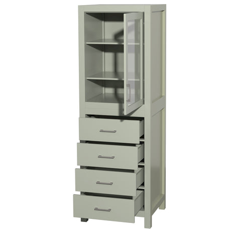 Sheffield 24 Inch Linen Tower in Light Green with Shelved Cabinet Storage and 4 Drawers