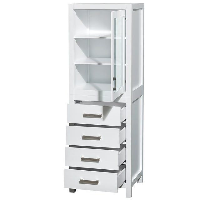 Sheffield 24 Inch Linen Tower in White with Shelved Cabinet Storage and 4 Drawers