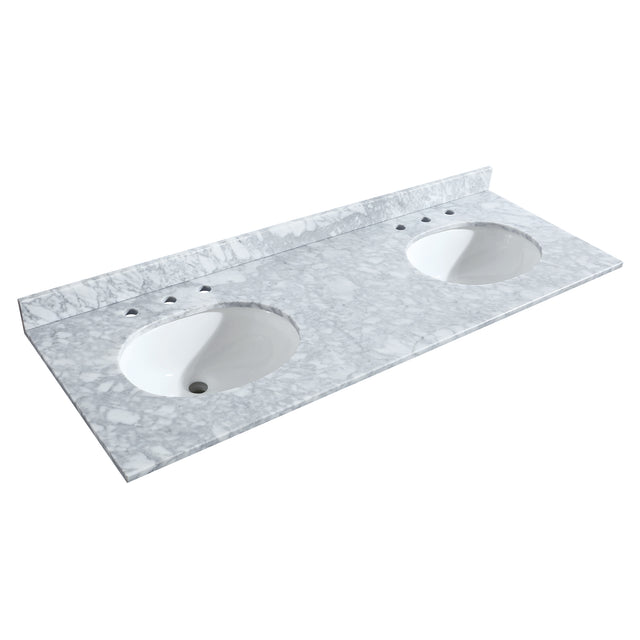 Deborah 60 Inch Double Bathroom Vanity in White White Carrara Marble Countertop Undermount Oval Sinks Brushed Gold Trim Medicine Cabinets
