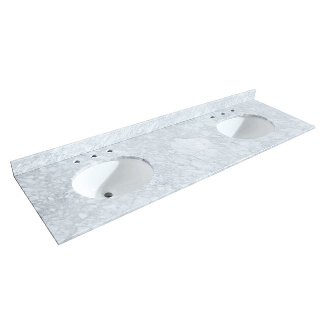 Deborah 72 Inch Double Bathroom Vanity in White White Carrara Marble Countertop Undermount Oval Sinks Brushed Gold Trim 70 Inch Mirror
