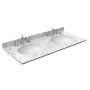 Avery 48 Inch Double Bathroom Vanity in Dark Blue White Carrara Marble Countertop Undermount Oval Sinks Matte Black Trim 46 Inch Mirror