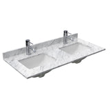 Avery 48 Inch Double Bathroom Vanity in Dark Blue White Carrara Marble Countertop Undermount Square Sinks No Mirror