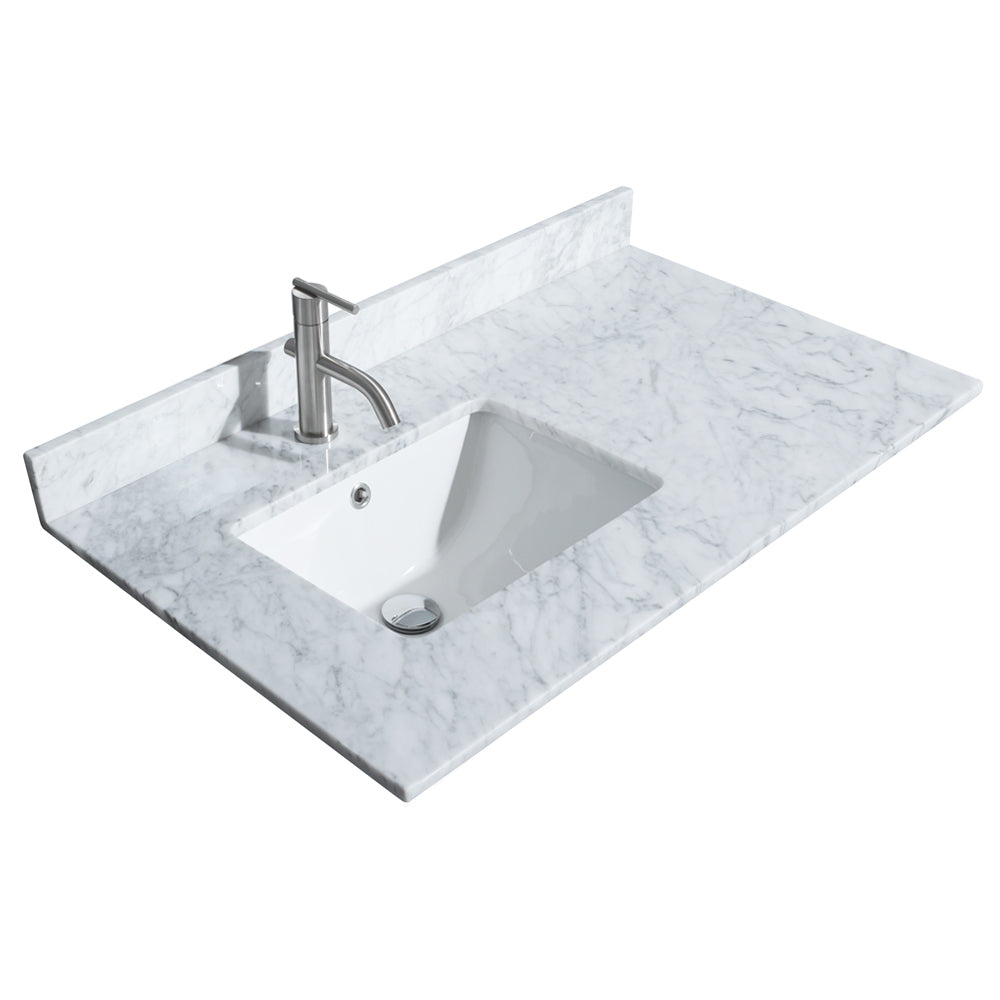 Daria 36 Inch Single Bathroom Vanity in Dark Gray White Carrara Marble Countertop Undermount Square Sink Matte Black Trim 24 Inch Mirror