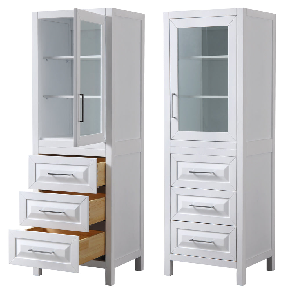 Daria Linen Tower in White with Shelved Cabinet Storage and 3 Drawers