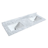 Miranda 60 Inch Double Bathroom Vanity in White White Carrara Marble Countertop Undermount Square Sinks Brushed Gold Trim 58 Inch Mirror