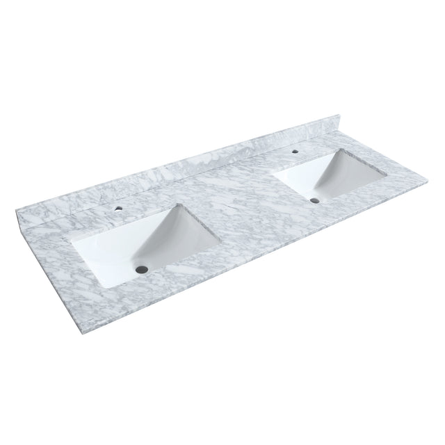 Miranda 60 Inch Double Bathroom Vanity in White White Carrara Marble Countertop Undermount Square Sinks Brushed Gold Trim 58 Inch Mirror