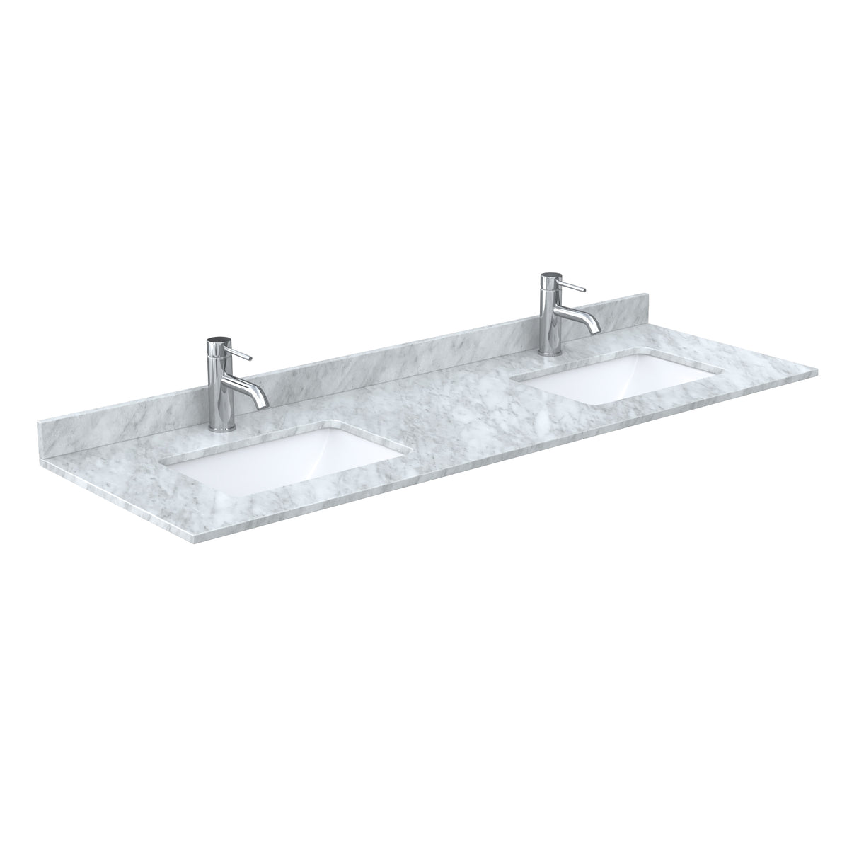 Strada 66 Inch Double Bathroom Vanity in White White Carrara Marble Countertop Undermount Square Sink Satin Bronze Trim 58 Inch Mirror