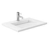 Miranda 30 Inch Single Bathroom Vanity in Dark Blue 1.25 Inch Thick Matte White Solid Surface Countertop Integrated Sink Brushed Nickel Trim 24 Inch Mirror