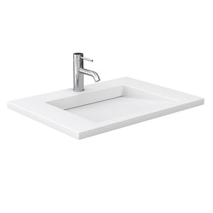 Miranda 30 Inch Single Bathroom Vanity in Dark Gray 1.25 Inch Thick Matte White Solid Surface Countertop Integrated Sink Brushed Nickel Trim 24 Inch Mirror