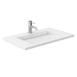 Miranda 36 Inch Single Bathroom Vanity in White 1.25 Inch Thick Matte White Solid Surface Countertop Integrated Sink Brushed Nickel Trim 34 Inch Mirror