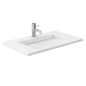 Miranda 36 Inch Single Bathroom Vanity in Green 1.25 Inch Thick Matte White Solid Surface Countertop Integrated Sink Brushed Nickel Trim