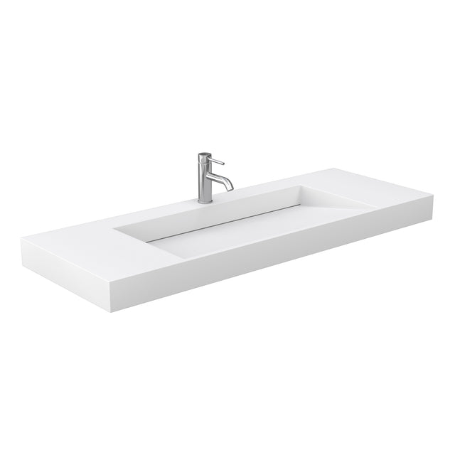 Miranda 60 Inch Single Bathroom Vanity in Dark Blue 4 Inch Thick Matte White Solid Surface Countertop Integrated Sink Brushed Nickel Trim