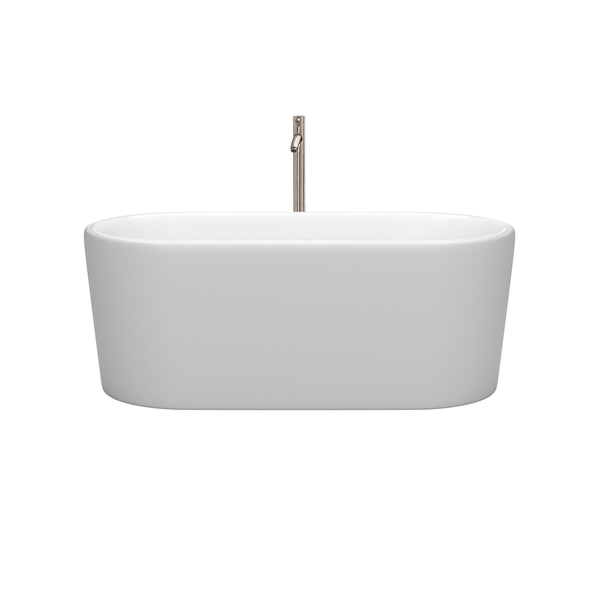 Ursula 59 Inch Freestanding Bathtub in Matte White with Floor Mounted Faucet Drain and Overflow Trim in Brushed Nickel