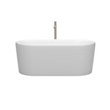 Ursula 59 Inch Freestanding Bathtub in Matte White with Floor Mounted Faucet Drain and Overflow Trim in Brushed Nickel