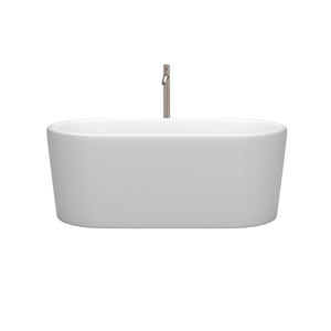 Ursula 59 Inch Freestanding Bathtub in Matte White with Floor Mounted Faucet Drain and Overflow Trim in Brushed Nickel