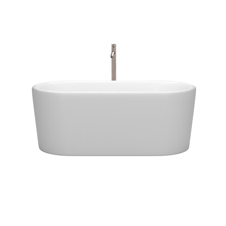 Ursula 59 Inch Freestanding Bathtub in Matte White with Floor Mounted Faucet Drain and Overflow Trim in Brushed Nickel