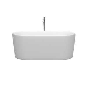 Ursula 59 Inch Freestanding Bathtub in Matte White with Floor Mounted Faucet Drain and Overflow Trim in Polished Chrome