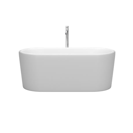 Ursula 59 Inch Freestanding Bathtub in Matte White with Floor Mounted Faucet Drain and Overflow Trim in Polished Chrome