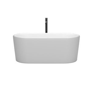Ursula 59 Inch Freestanding Bathtub in Matte White with Floor Mounted Faucet Drain and Overflow Trim in Matte Black