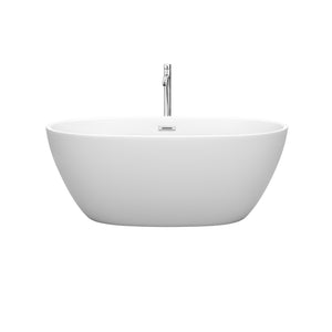 Juno 59 Inch Freestanding Bathtub in Matte White with Floor Mounted Faucet Drain and Overflow Trim in Polished Chrome