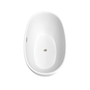 Juno 59 Inch Freestanding Bathtub in Matte White with Floor Mounted Faucet Drain and Overflow Trim in Brushed Nickel