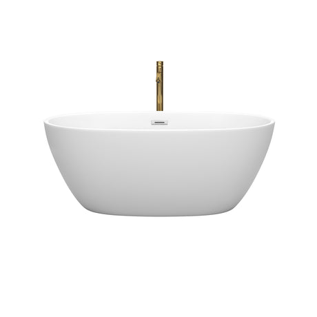 Juno 59 Inch Freestanding Bathtub in Matte White with Polished Chrome Trim and Floor Mounted Faucet in Brushed Gold