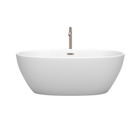 Juno 63 Inch Freestanding Bathtub in Matte White with Floor Mounted Faucet Drain and Overflow Trim in Brushed Nickel