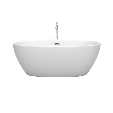 Juno 63 Inch Freestanding Bathtub in Matte White with Floor Mounted Faucet Drain and Overflow Trim in Polished Chrome