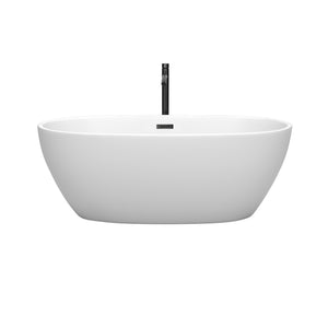 Juno 63 Inch Freestanding Bathtub in Matte White with Floor Mounted Faucet Drain and Overflow Trim in Matte Black