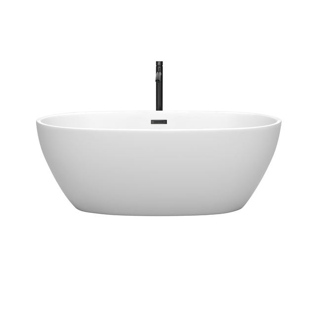 Juno 63 Inch Freestanding Bathtub in Matte White with Floor Mounted Faucet Drain and Overflow Trim in Matte Black