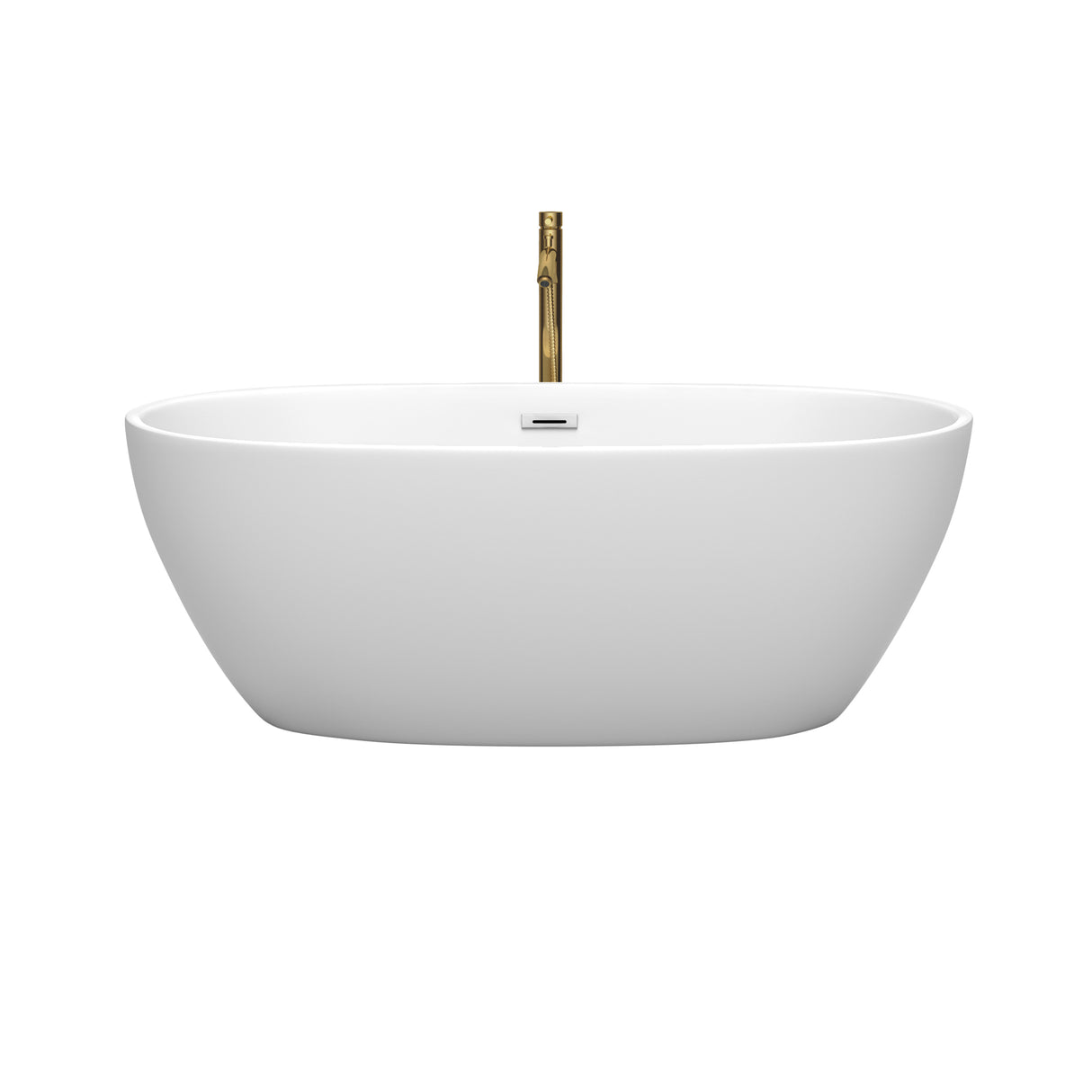 Juno 63 Inch Freestanding Bathtub in Matte White with Polished Chrome Trim and Floor Mounted Faucet in Brushed Gold