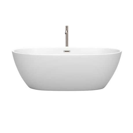 Juno 67 Inch Freestanding Bathtub in Matte White with Floor Mounted Faucet Drain and Overflow Trim in Brushed Nickel