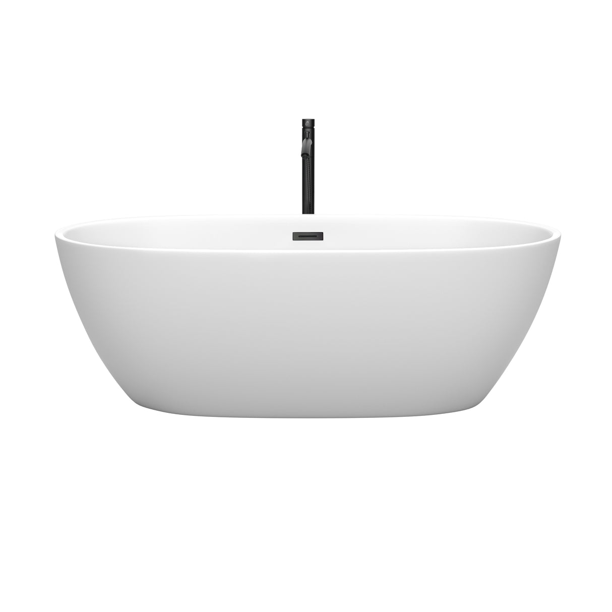 Juno 67 Inch Freestanding Bathtub in Matte White with Floor Mounted Faucet Drain and Overflow Trim in Matte Black