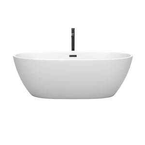 Juno 67 Inch Freestanding Bathtub in Matte White with Floor Mounted Faucet Drain and Overflow Trim in Matte Black
