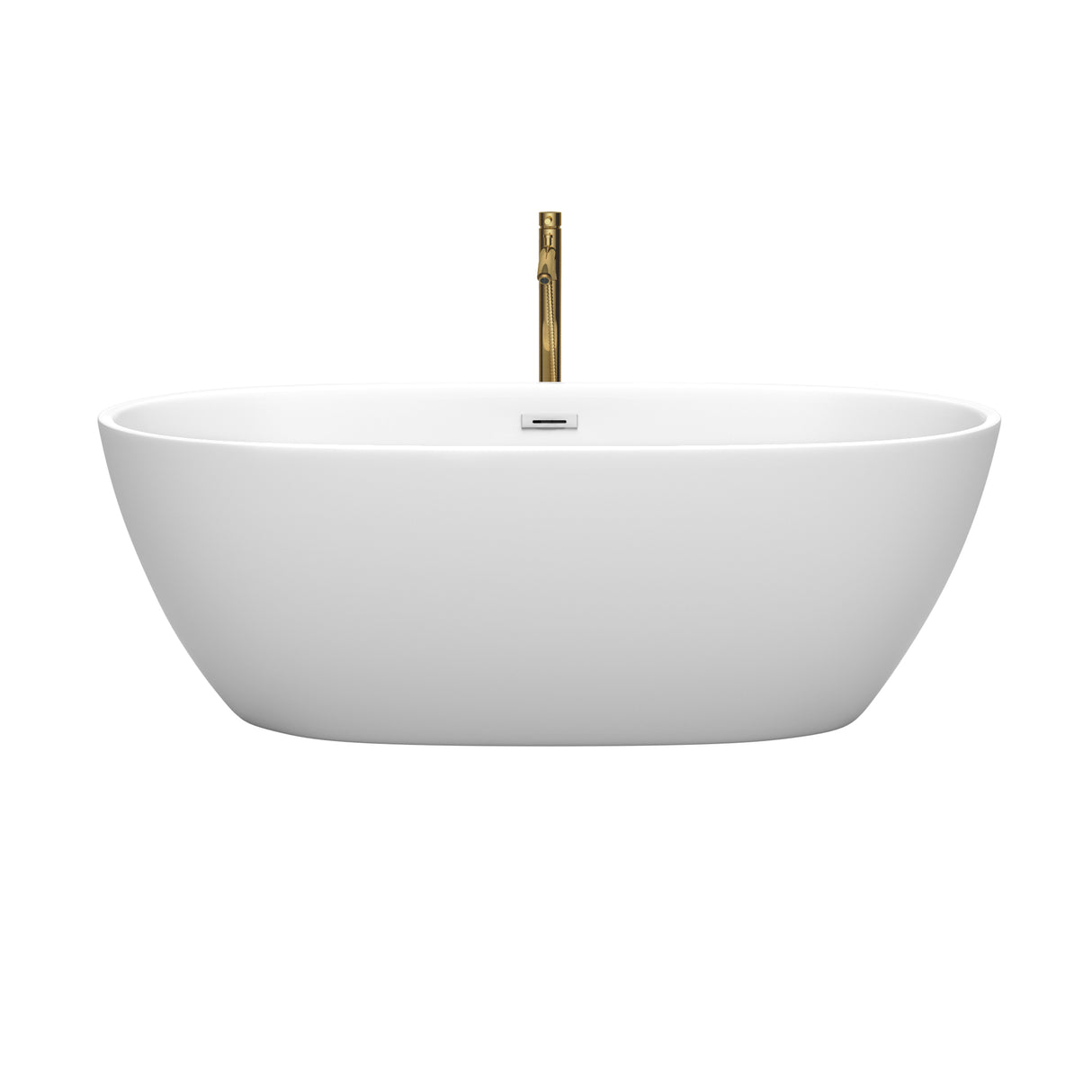 Juno 67 Inch Freestanding Bathtub in Matte White with Polished Chrome Trim and Floor Mounted Faucet in Brushed Gold