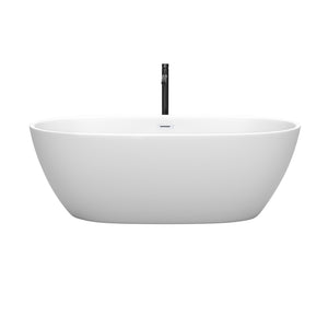 Juno 67 Inch Freestanding Bathtub in Matte White with Shiny White Trim and Floor Mounted Faucet in Matte Black