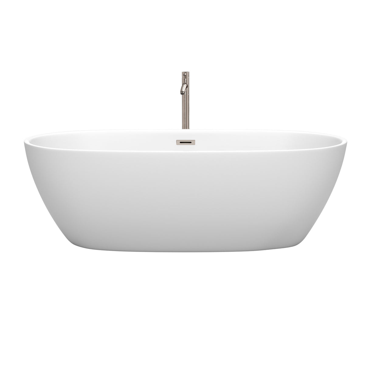 Juno 71 Inch Freestanding Bathtub in Matte White with Floor Mounted Faucet Drain and Overflow Trim in Brushed Nickel