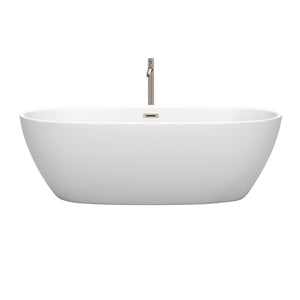 Juno 71 Inch Freestanding Bathtub in Matte White with Floor Mounted Faucet Drain and Overflow Trim in Brushed Nickel