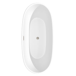 Juno 71 Inch Freestanding Bathtub in Matte White with Floor Mounted Faucet Drain and Overflow Trim in Brushed Nickel