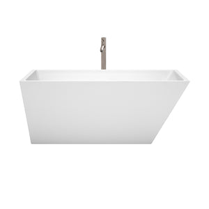 Hannah 59 Inch Freestanding Bathtub in White with Floor Mounted Faucet Drain and Overflow Trim in Brushed Nickel