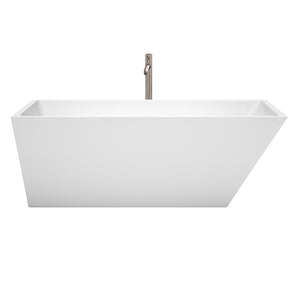 Hannah 67 Inch Freestanding Bathtub in White with Floor Mounted Faucet Drain and Overflow Trim in Brushed Nickel
