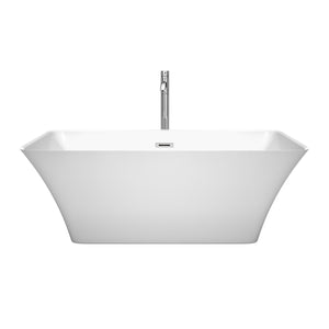 Tiffany 59 Inch Freestanding Bathtub in White with Floor Mounted Faucet Drain and Overflow Trim in Polished Chrome